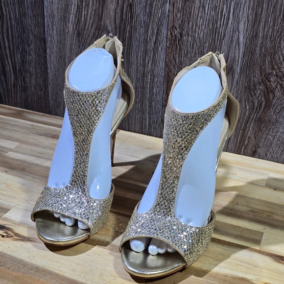 David's Bridal Heels Gold Silver Glitter Peep Toe Zip Back Formal Wedding Size 9 - Picture 11 of 11